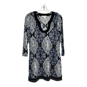 White House Black Market WHBM Tile Print 3/4 Sleeve‎ Dress Black Blue Large